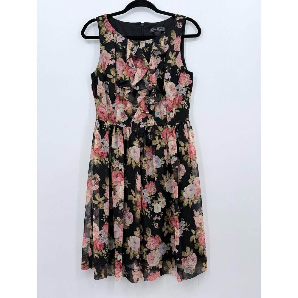 Black Floral Pink Sleeveless Ruffle Fit Flare Knee Length Dress Layering 8 Work